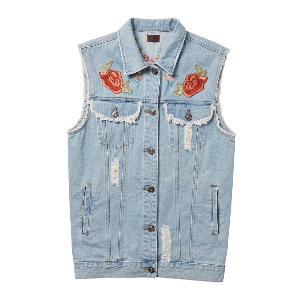POL Denim Vest Embroidered Rose Hummingbird Women Small Light Wash Distressed